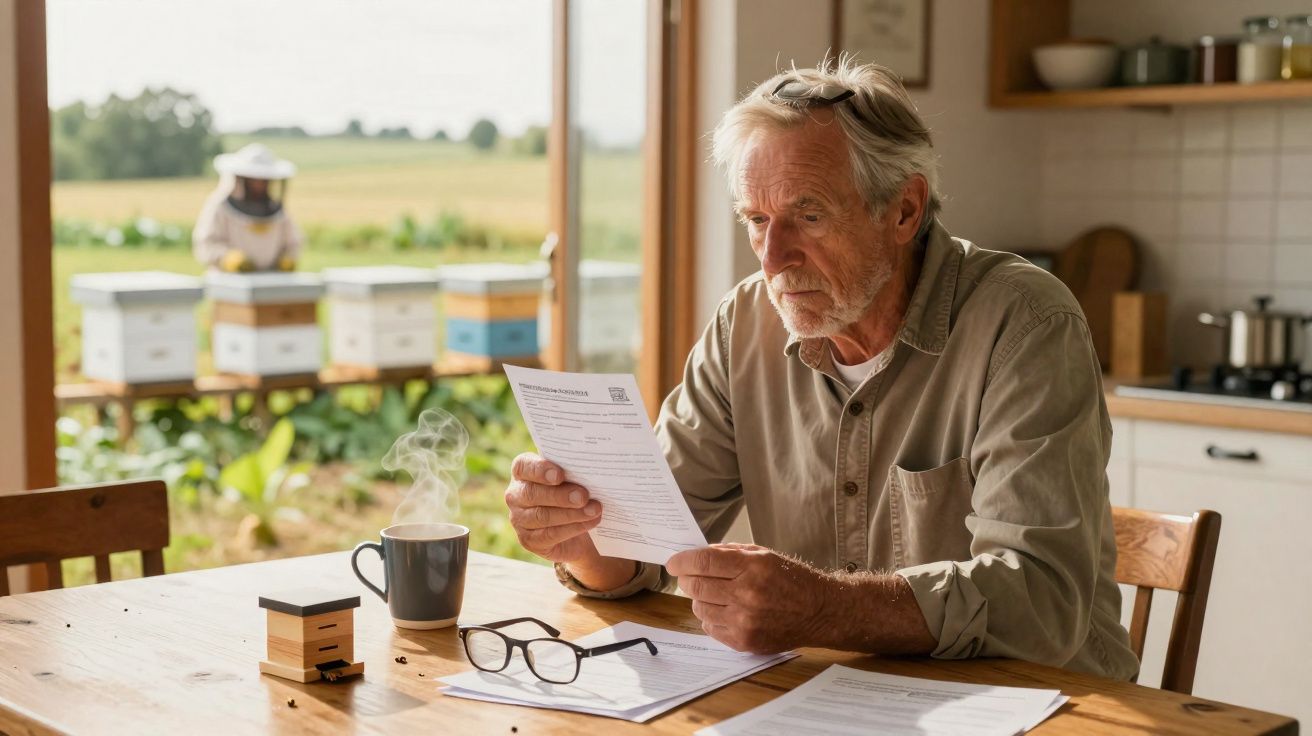Idoso sentado analisando documentos na cozinha, com colmeias e apicultor ao fundo na paisagem rural.