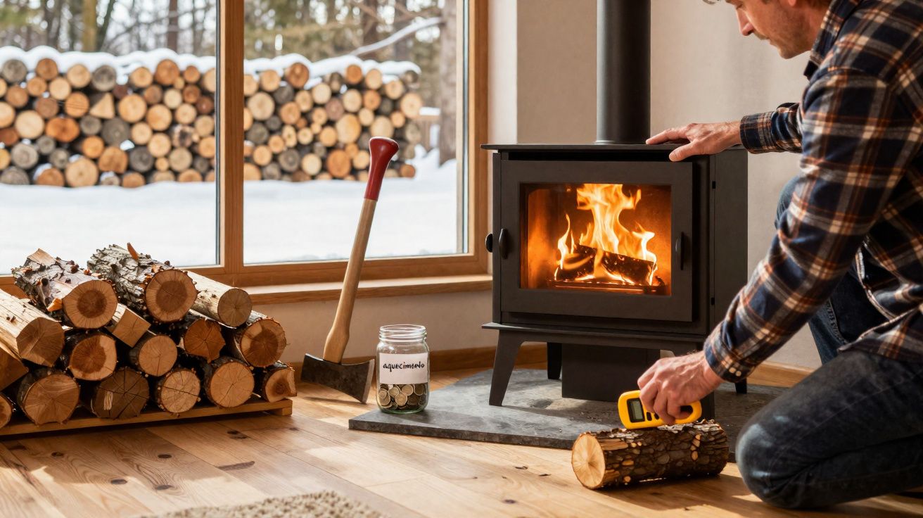 Homem agachado perto de lareira a lenha acesa, com lenha empilhada, machado e pote de moedas ao lado.