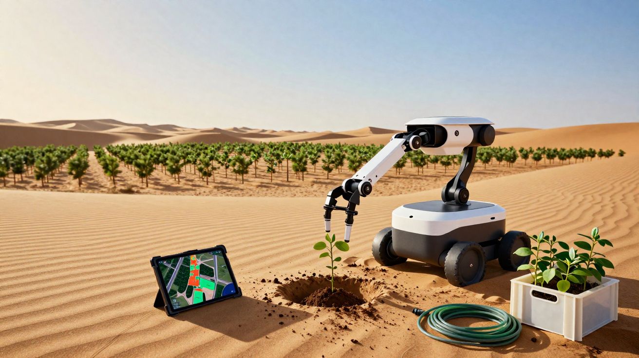 Robô agrícola plantando muda em deserto com tablet mostrando mapa e caixa com mudas ao lado.