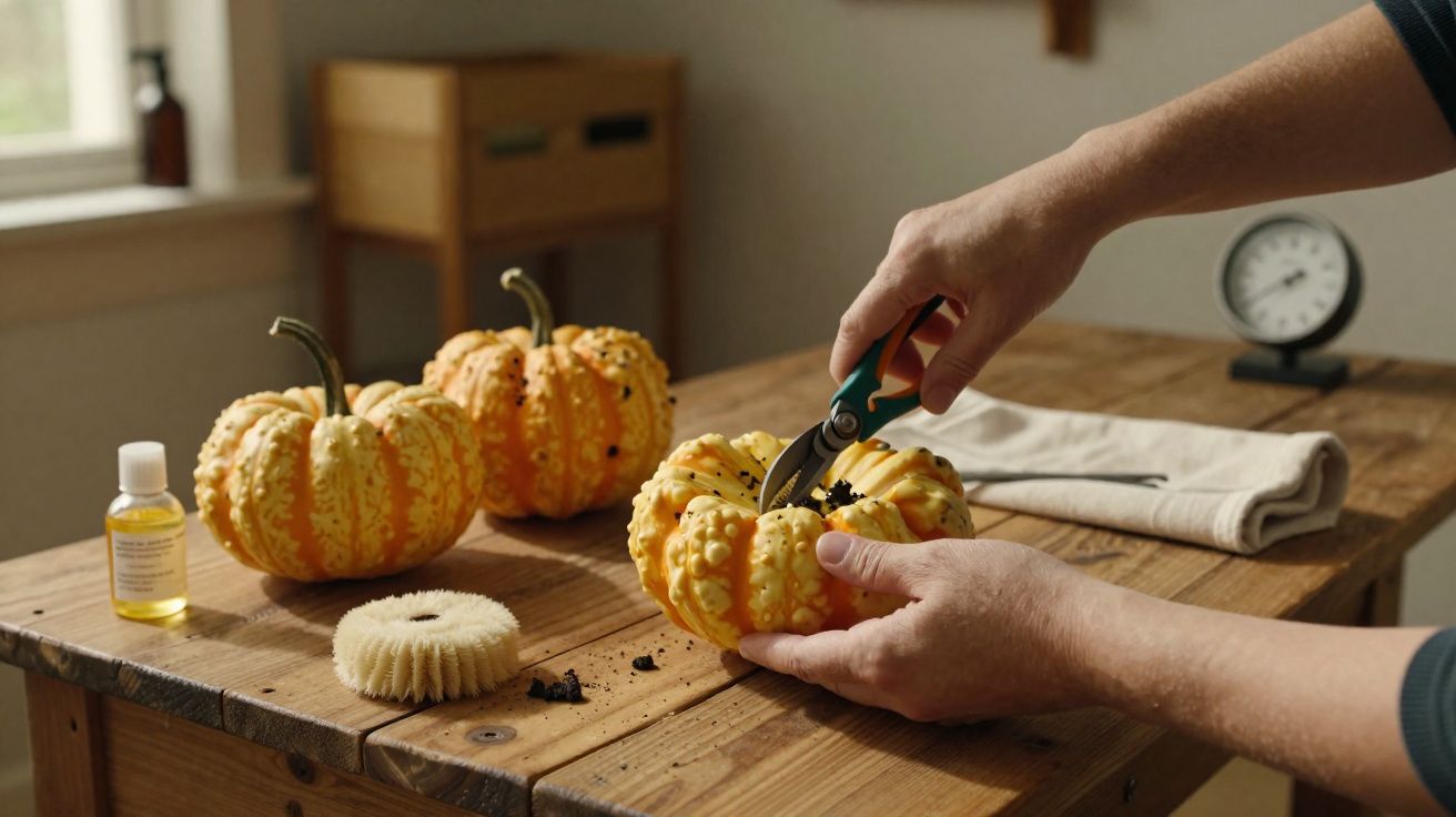 Pessoa removendo sementes de abóbora amarela com tesoura em mesa de madeira.