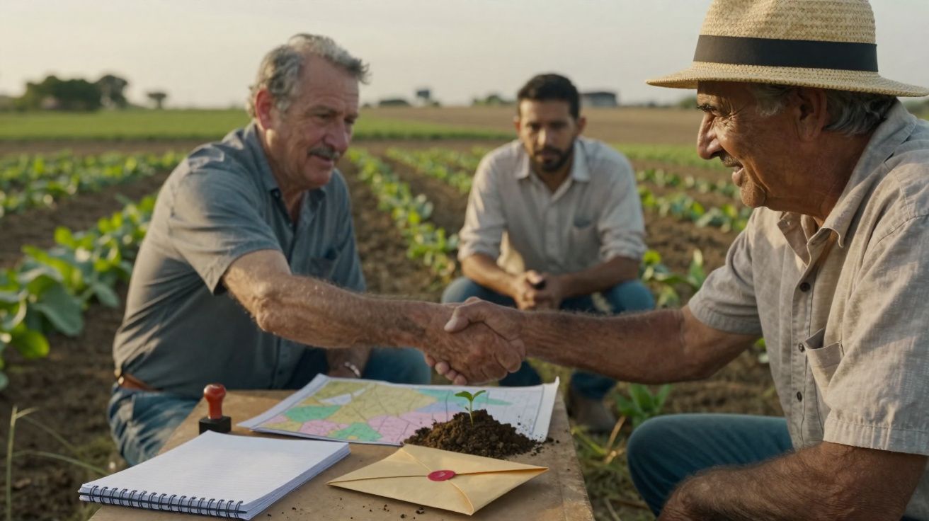Dois agricultores apertam as mãos em campo, com mapa, muda de planta e envelope na mesa à frente.
