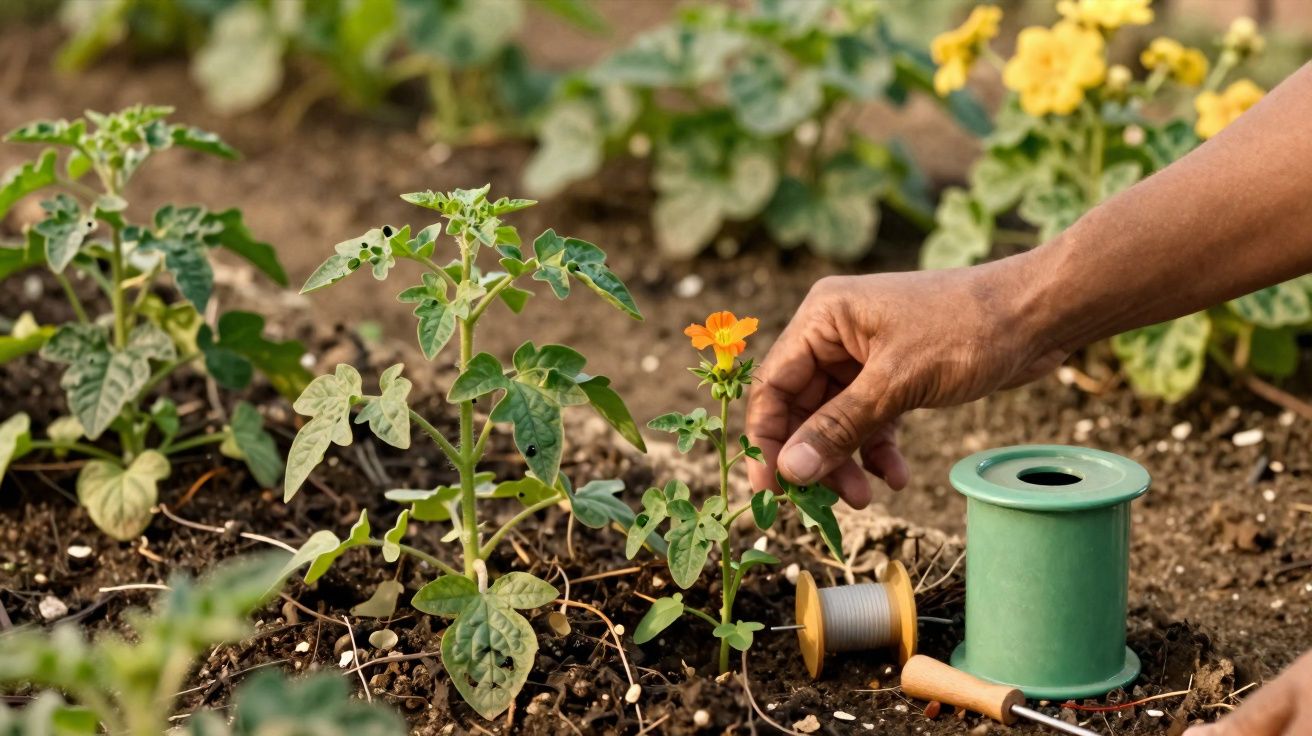 Mão cuidando de planta com flor laranja em jardim, ao lado de rolo de linha e ferramenta de jardinagem.