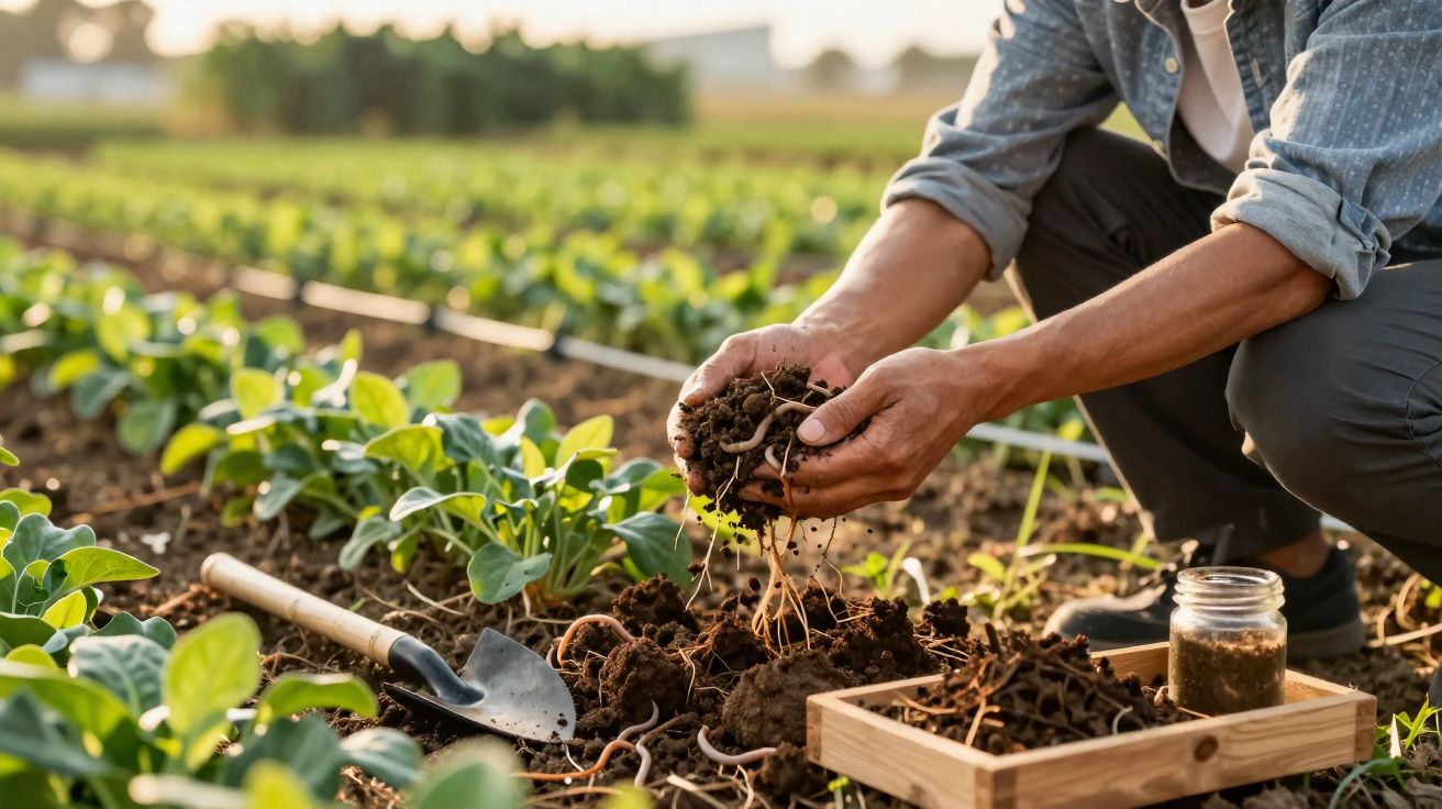 Pessoa examinando raízes de planta em campo agrícola ao entardecer, com pá e amostras de solo ao lado.