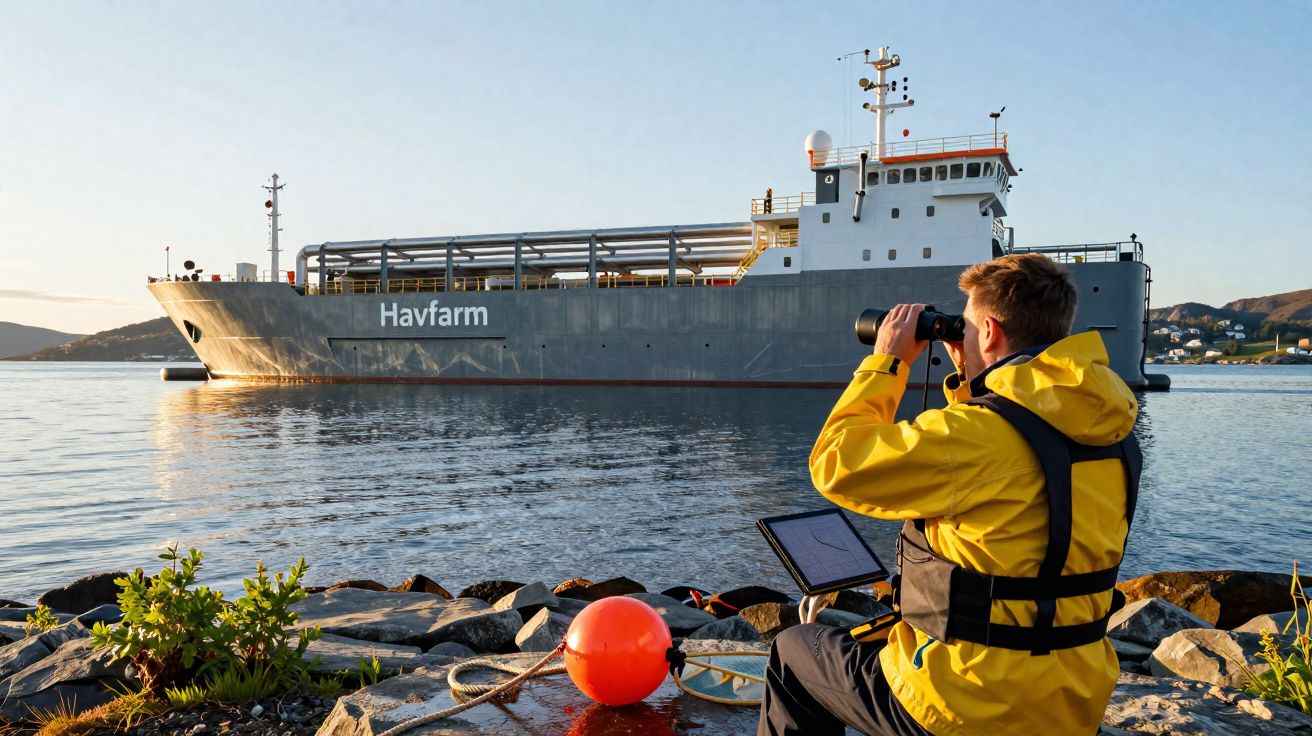 Homem com jaqueta amarela observa com binóculo barco Havfarm em águas calmas próximo à costa rochosa.