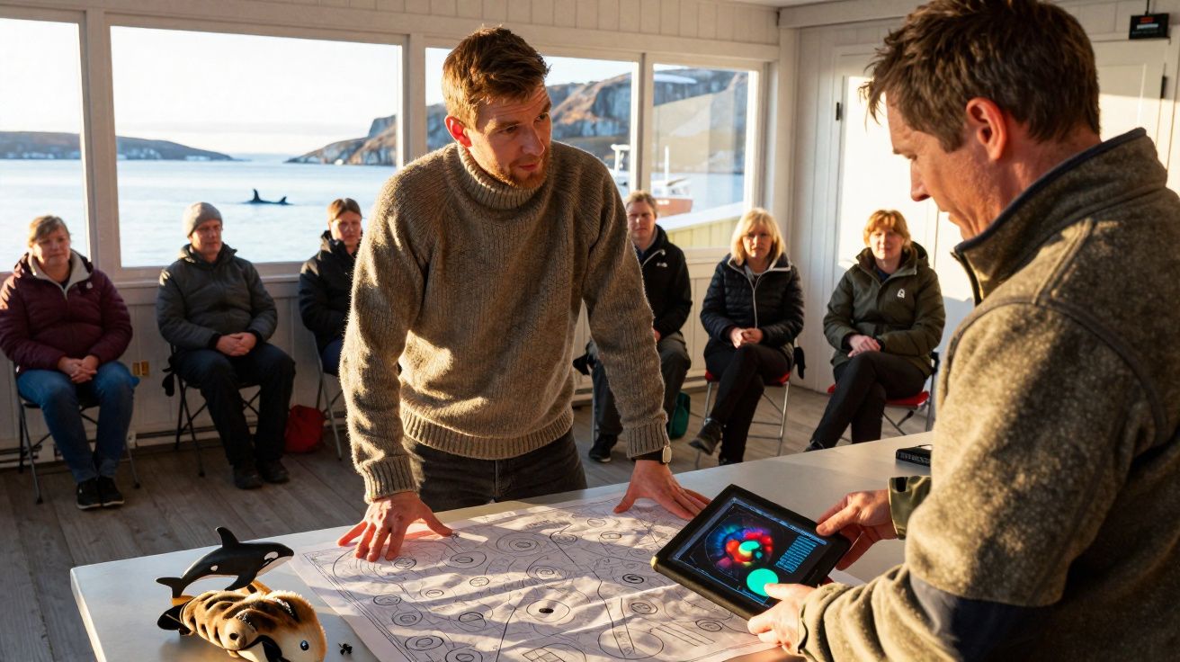 Homem explica mapa para grupo sentado em sala com vista para o mar e uma orca nadando ao fundo.