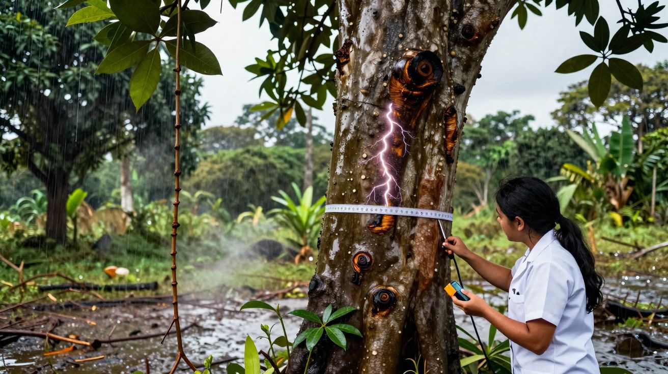 Pesquisadora medindo circunferência de árvore em floresta durante chuva com efeito de raio digital.