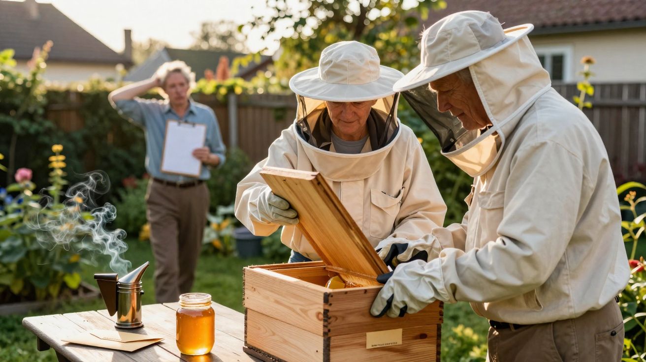 Duas pessoas com roupas de apicultor cuidam de uma colmeia em jardim, com homem observando ao fundo.