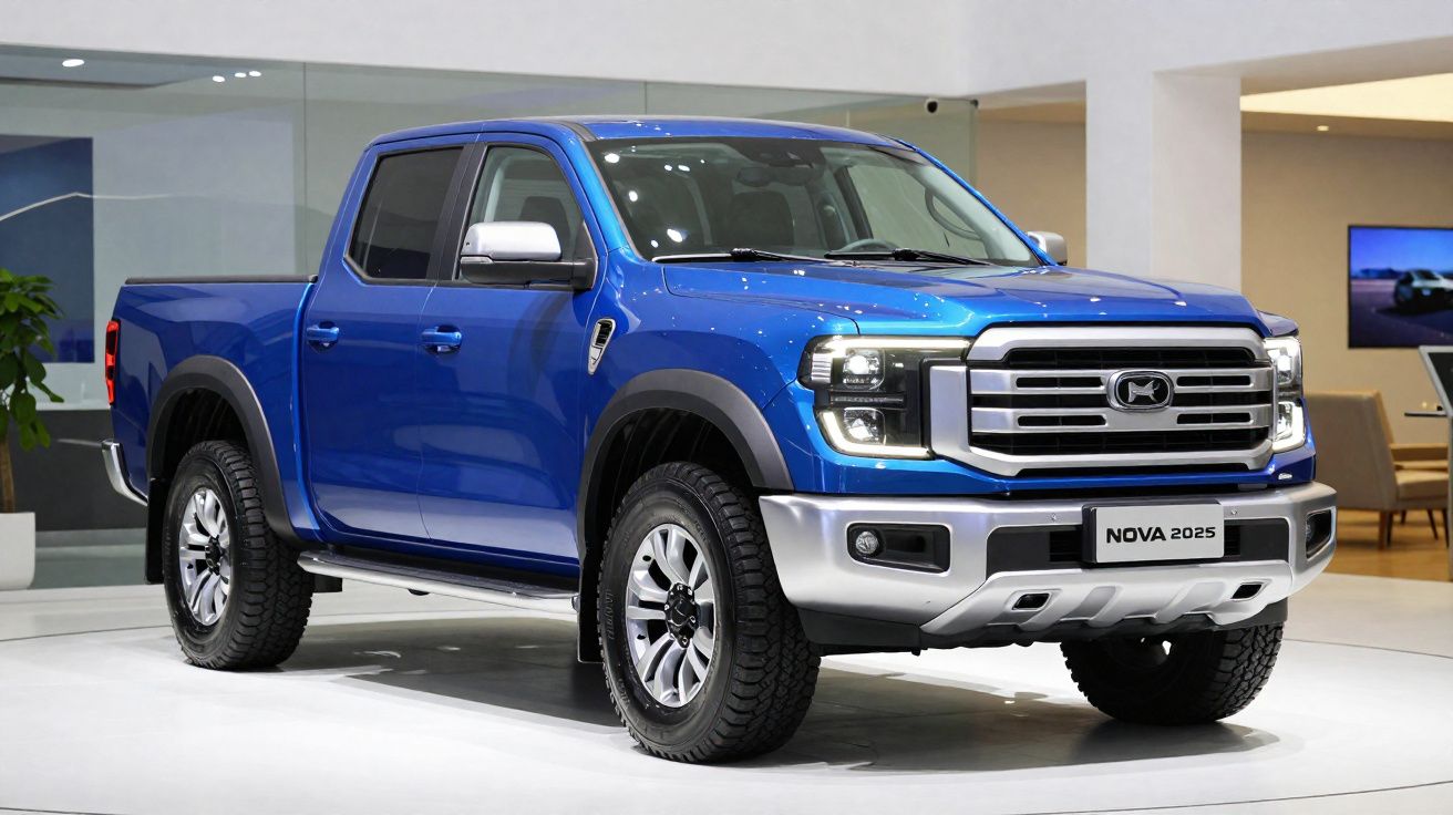 Picape azul exibida em showroom moderno com design robusto e detalhes cromados.