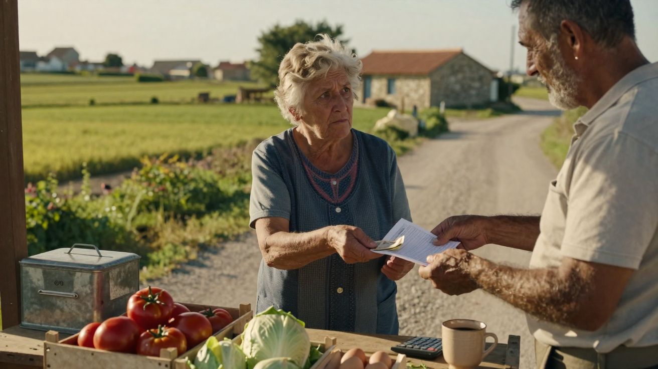 Mulher idosa vendendo vegetais em barraca ao ar livre recebe pagamento de homem em estrada rural.