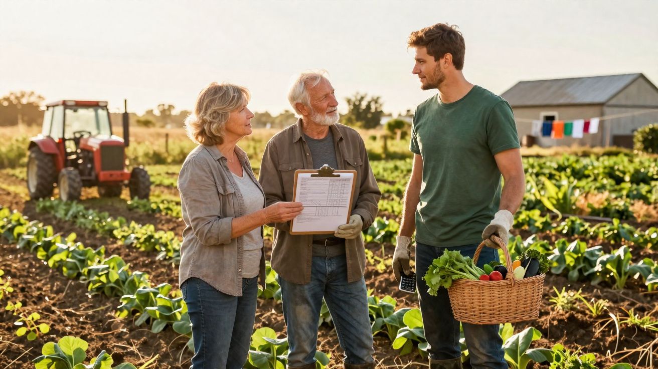 Três agricultores conversam em plantação, um homem segura cesta com legumes e uma mulher mostra uma prancheta.