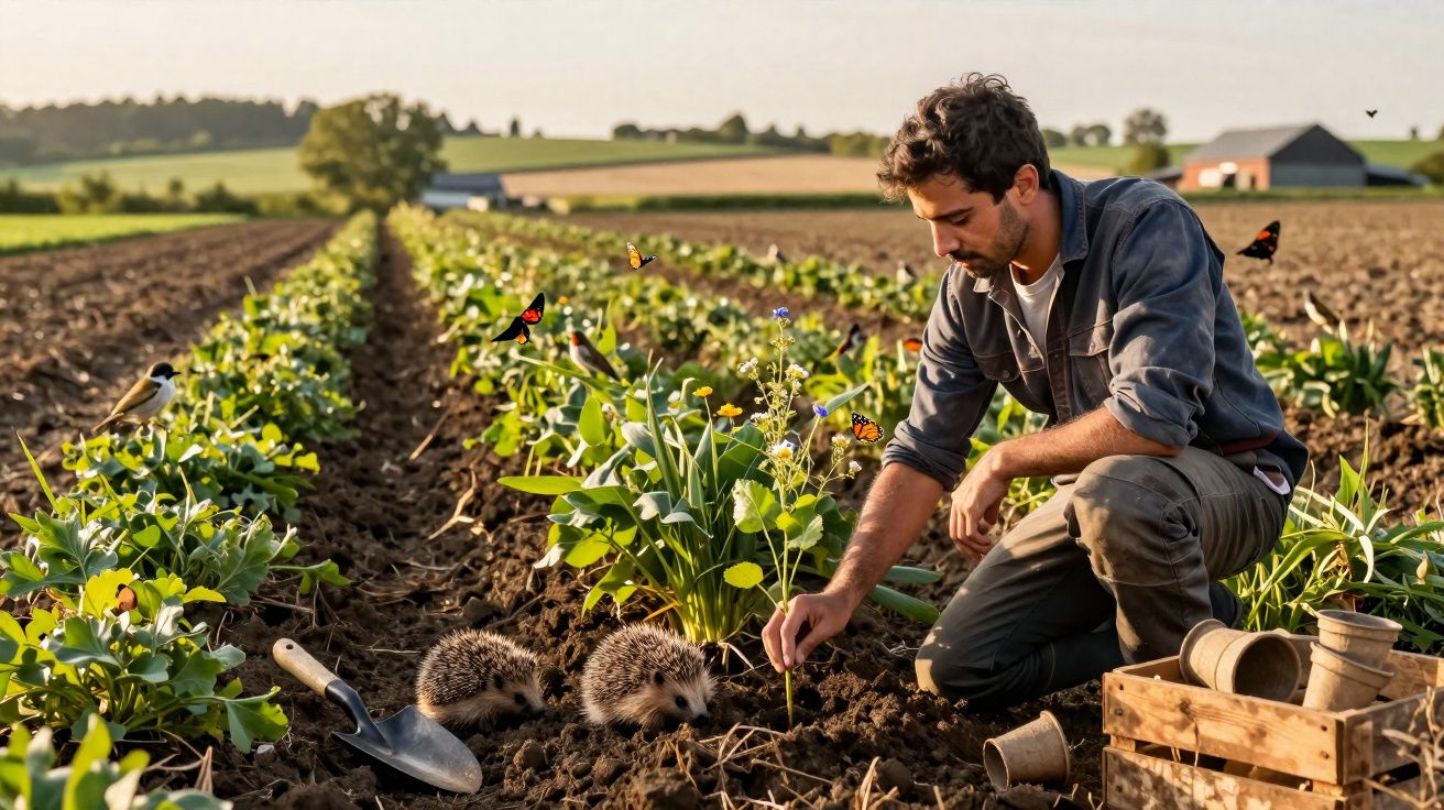 Homem planta mudas em campo com ouriços, borboletas e pássaros ao redor em fazenda ao entardecer.