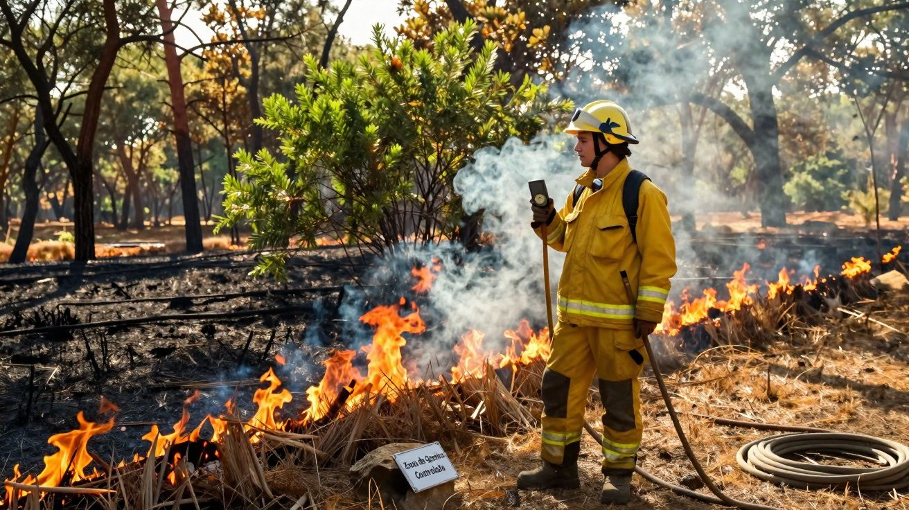 Bombeiro com uniforme amarelo e capacete monitora fogo em área de mata com queimadas controladas.