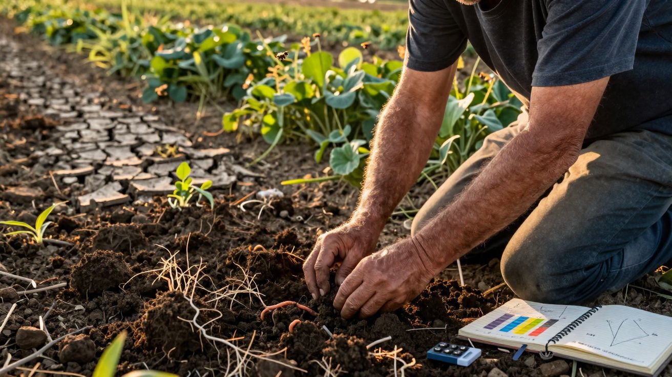 Homem ajoelhado cuidando do solo e plantas em campo com caderno e equipamento ao lado.