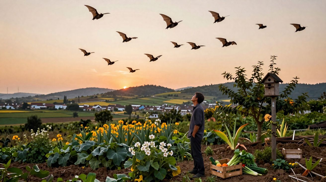 Homem observa morcegos voando ao entardecer em campo com flores e vegetais cultivados.