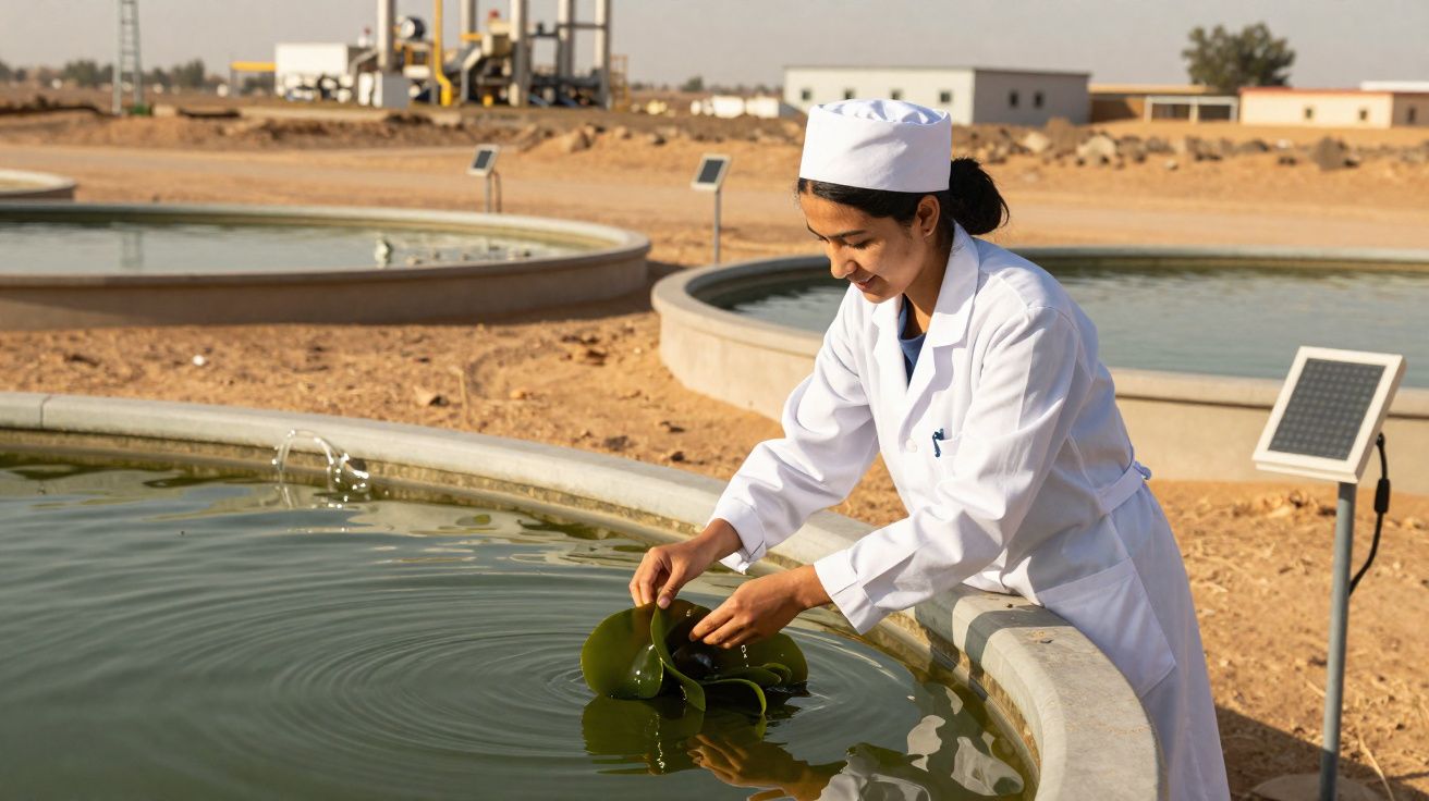 Mulher em jaleco e touca analisa plantas aquáticas em tanque circular ao ar livre em ambiente árido.