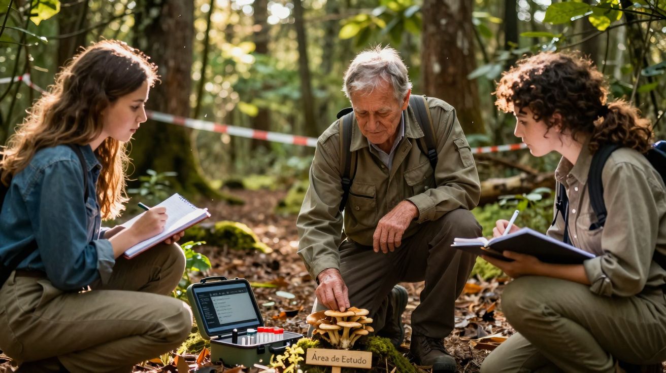 Três biólogos estudam cogumelos em área de estudo na floresta com anotações e equipamentos científicos.