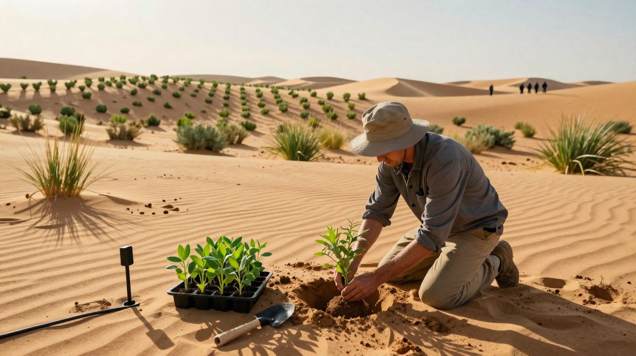 Homem plantando mudas em área de deserto com linhas de árvores ao fundo sob céu claro.