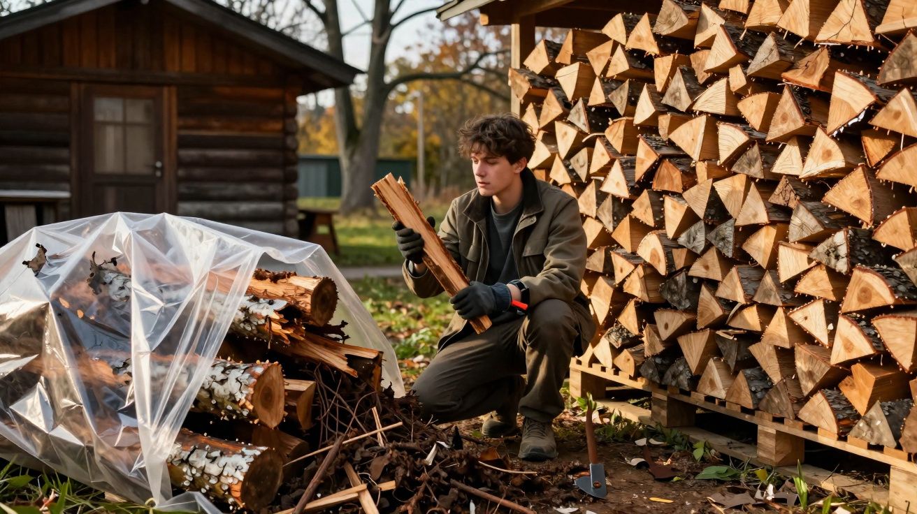 Jovem organizando lenha em pilha ao lado de uma cabana de madeira em área ao ar livre.