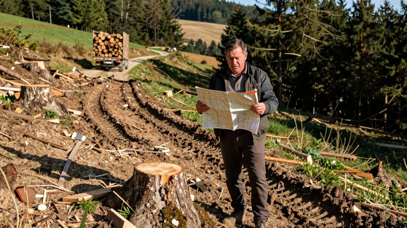 Homem verifica mapa em área de floresta desmatada com caminhão carregado de madeira ao fundo.