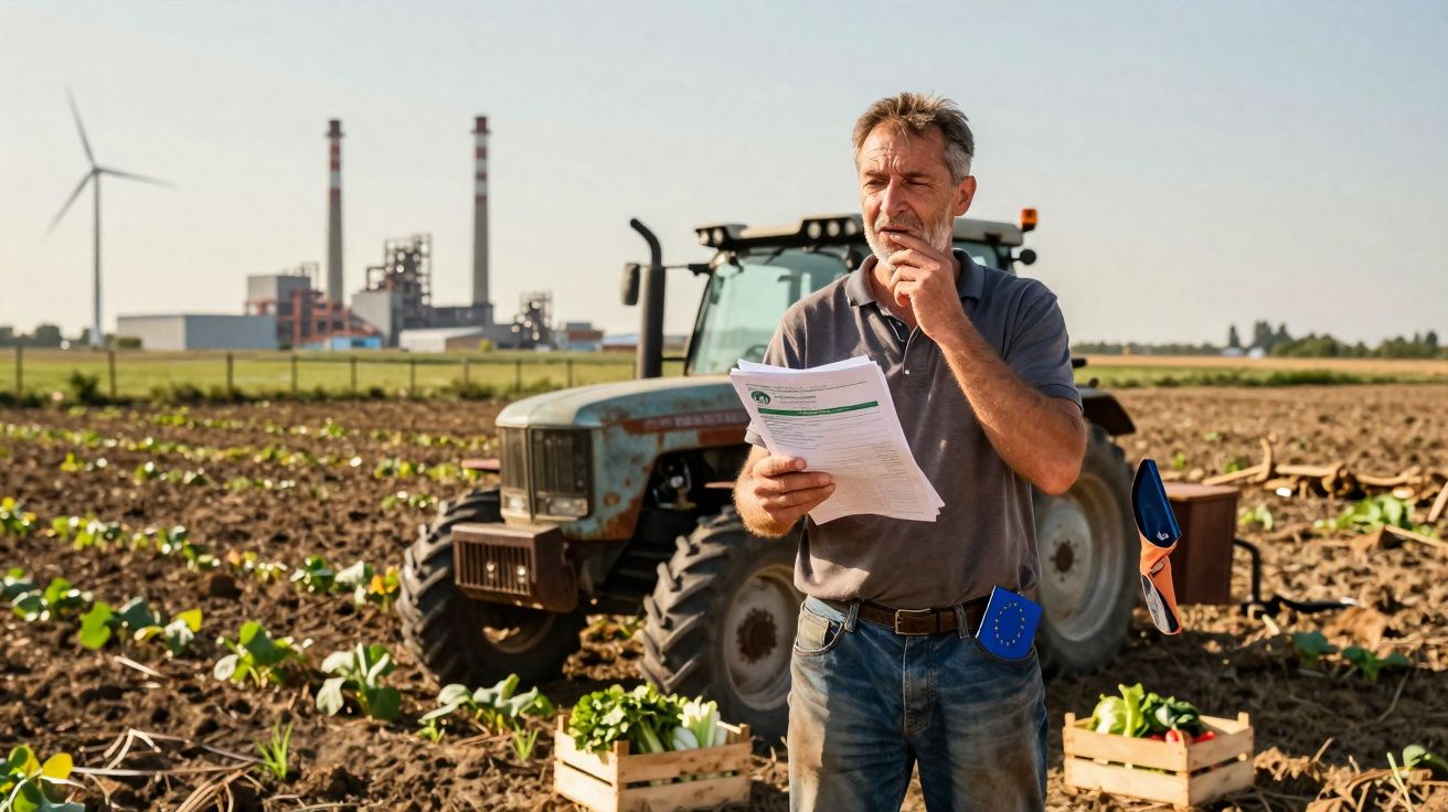 Agricultor preocupado lendo documentos em campo agrícola com trator e fazenda ao fundo.