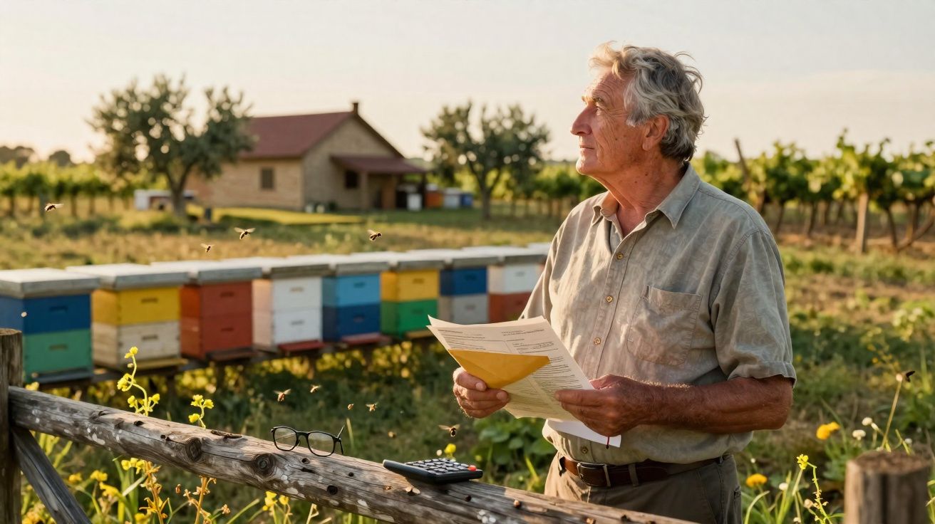 Homem adulto observa colmeia colorida em pomar enquanto segura documentos na mão.