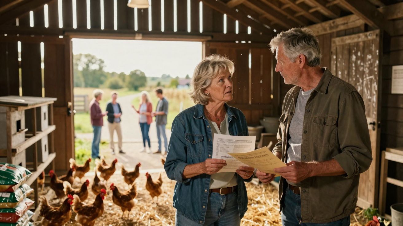 Casal conversa em galinheiro com galinhas ao redor e quatro pessoas ao fundo na fazenda.