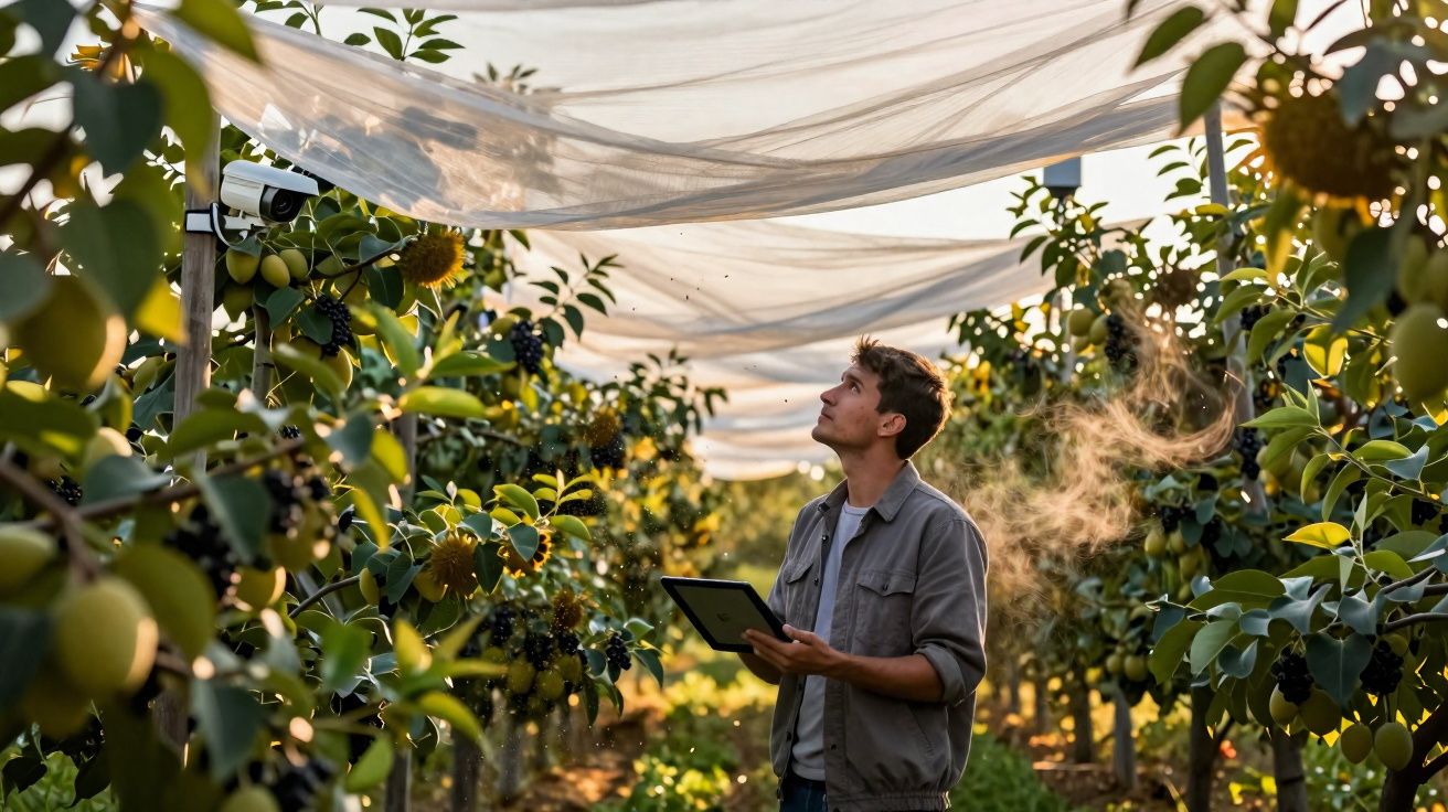 Agricultor com tablet inspeciona parreiras cobertas por tela protetora em pomar ao pôr do sol.