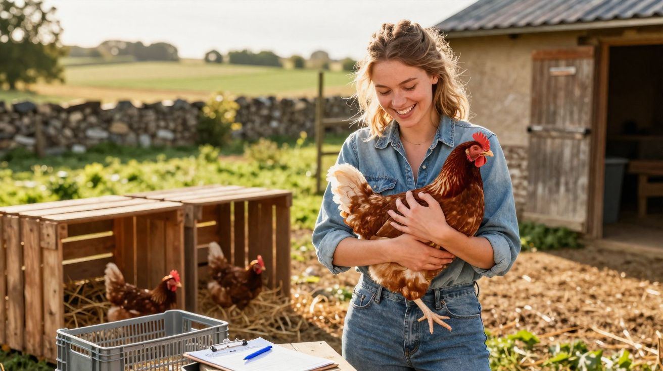 Mulher sorridente segurando galinha marrom em fazenda ao ar livre com galinhas e celeiro ao fundo.