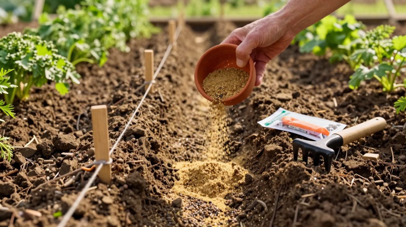 Mãos semeando sementes na terra em um canteiro de jardim com ferramentas ao lado.
