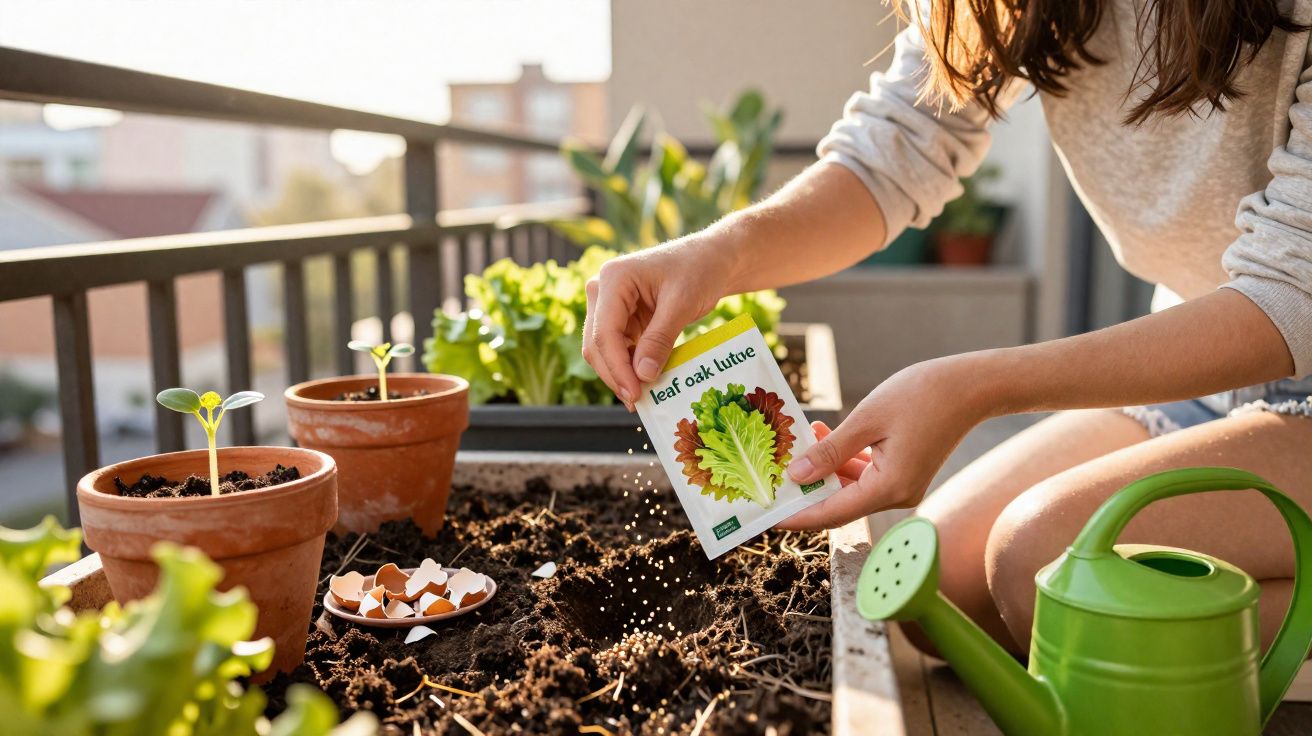 Pessoa plantando sementes de alface em vaso em área externa com regador verde ao lado.