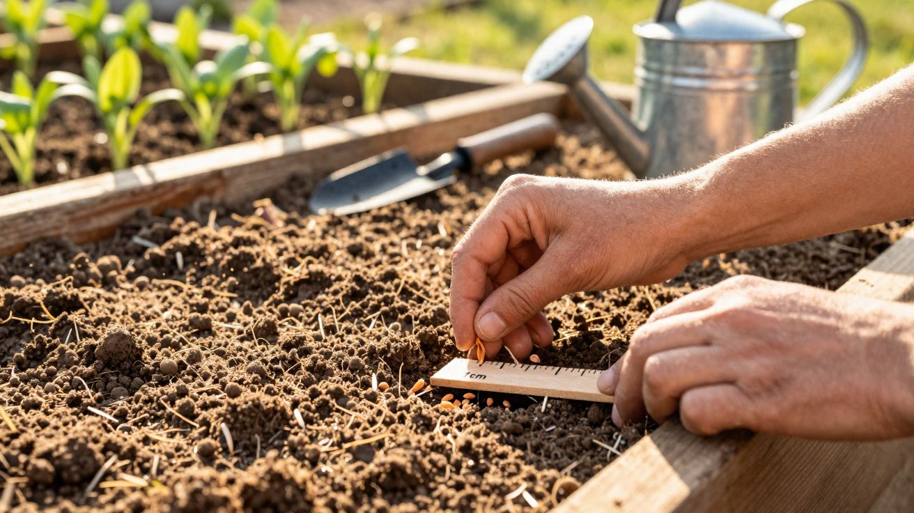 Mãos plantando sementes em fileiras na terra de uma horta com ferramentas de jardinagem ao fundo.