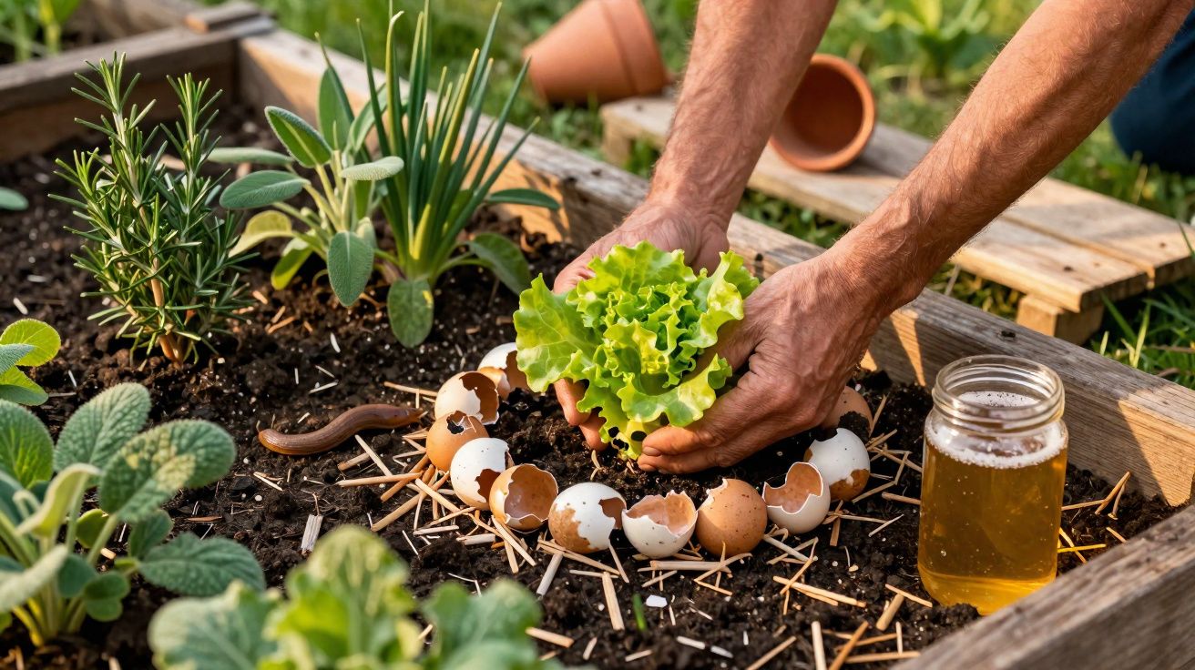 Pessoa plantando alface em solo com cascas de ovos, cercado por outras plantas e um pote de vidro.
