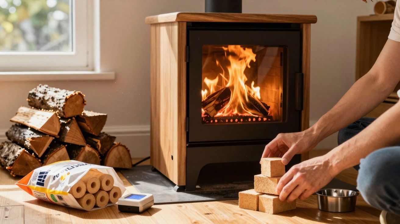 Pessoa empilhando blocos de combustível ecológico diante de lareira acesa e lenha empilhada no chão.
