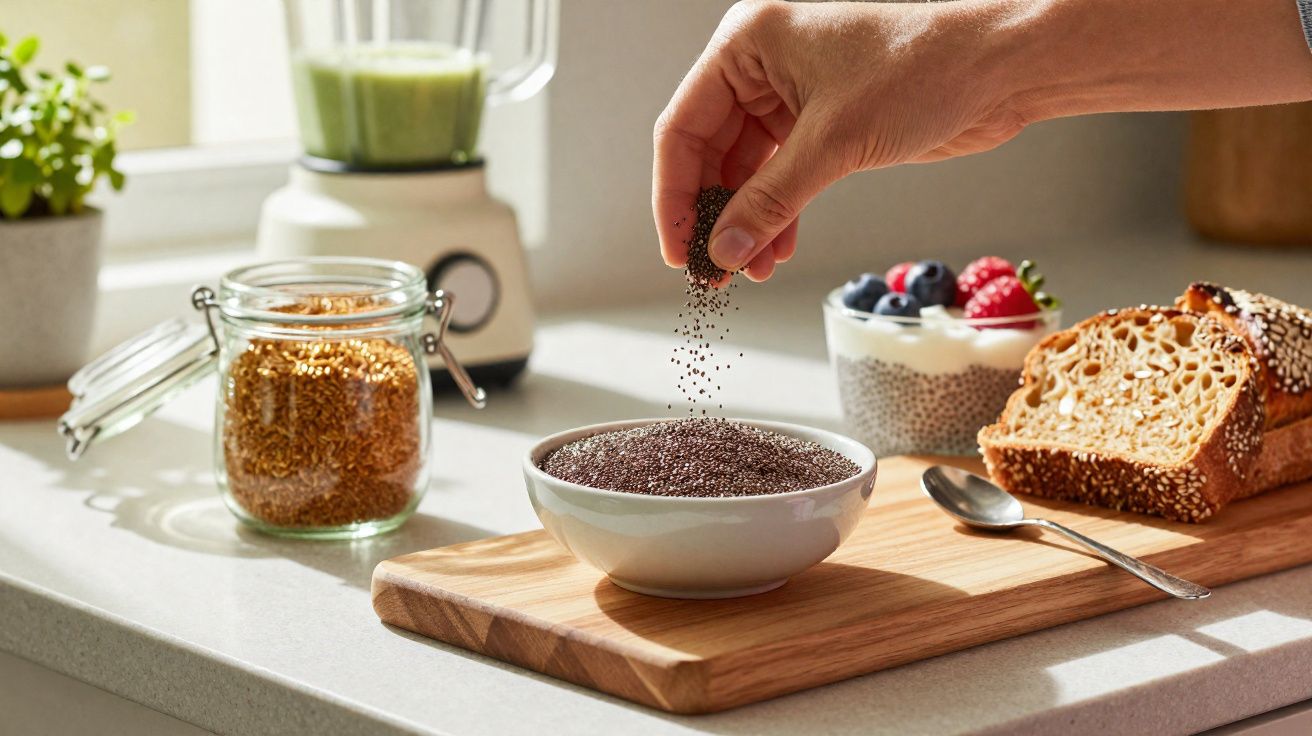 Mão salpicando sementes de chia em tigela branca com café da manhã saudável em bancada.