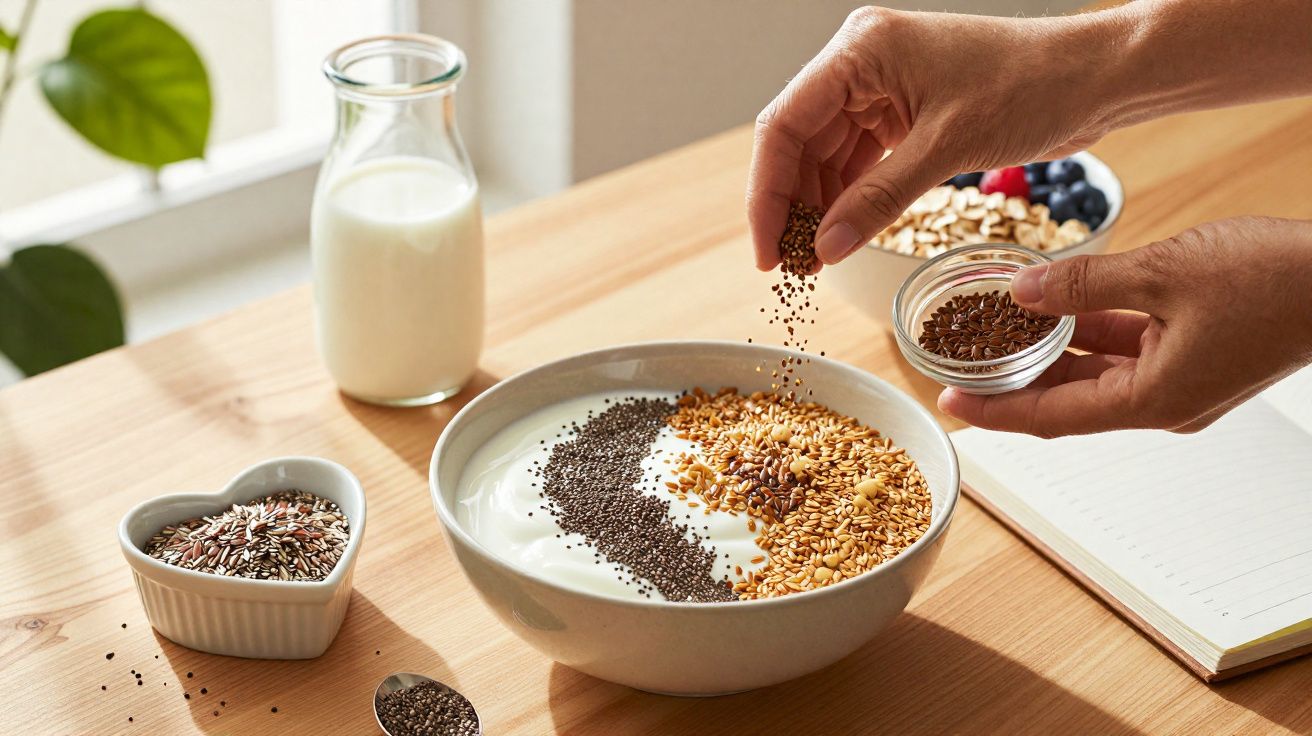 Pessoa adicionando sementes em tigela de iogurte com granola, sementes e frutas ao lado, em mesa de madeira.
