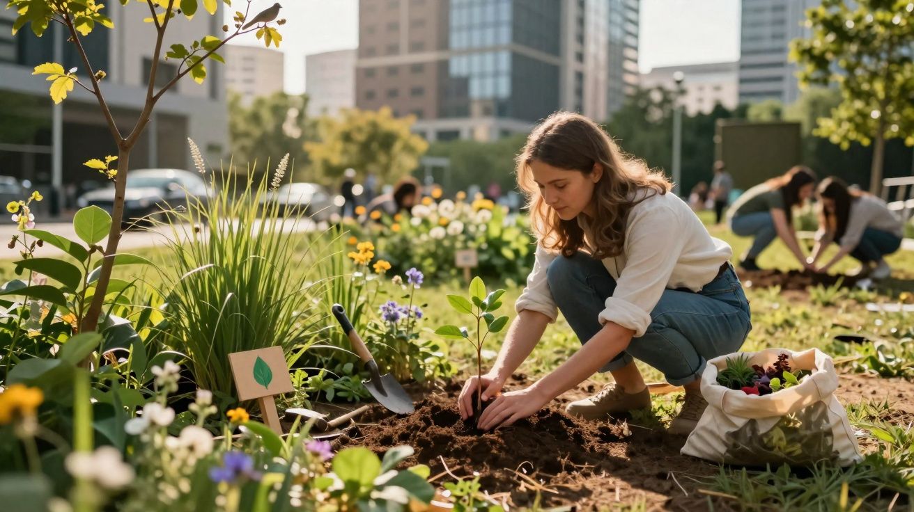 Jovem plantando muda em jardim comunitário urbano com prédios e outras pessoas ao fundo.