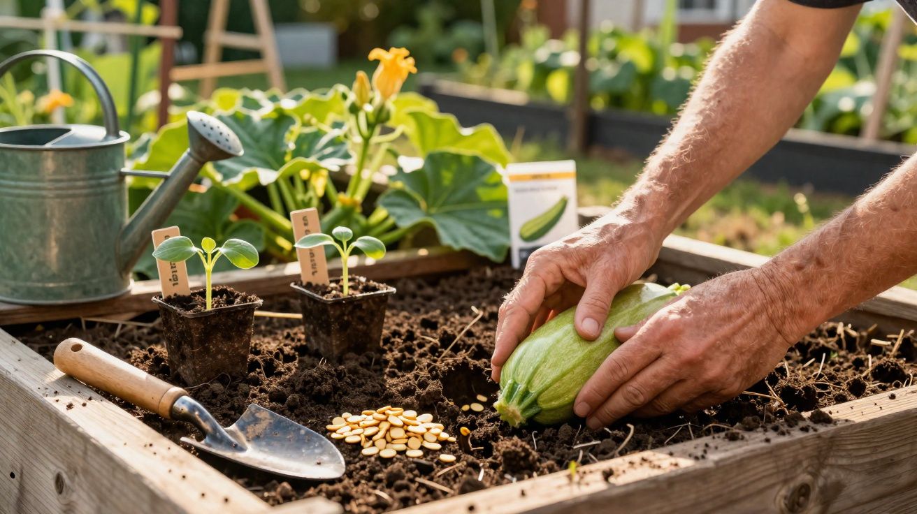 Pessoa colhendo abobrinha em canteiro de madeira em horta com sementes, mudas e regador ao lado.