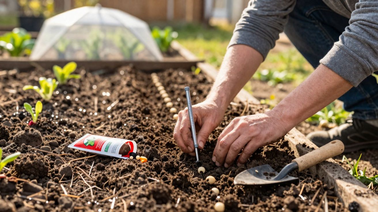 Pessoa plantando sementes no solo de uma horta, com ferramenta de jardinagem ao lado.