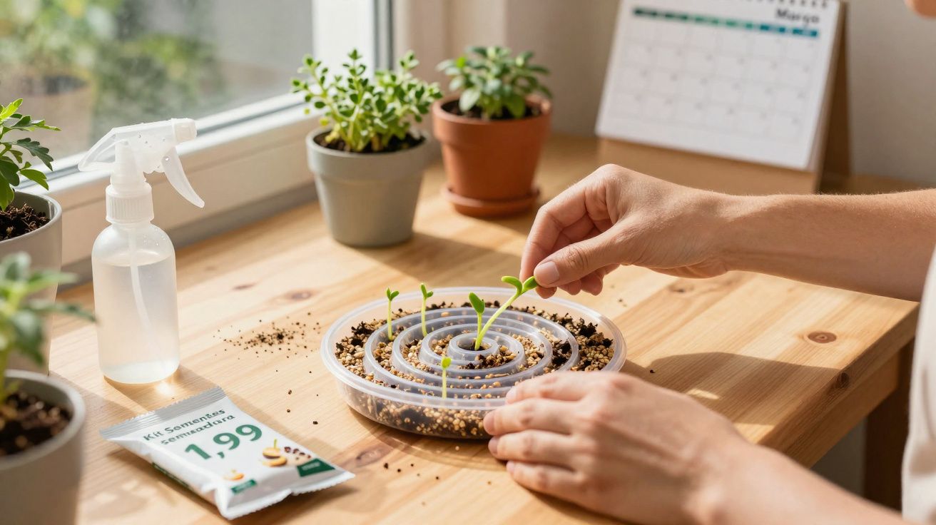 Mãos cuidando de mudas em vaso circular com kit de sementes, borrifador e plantas em vasos sobre mesa de madeira.
