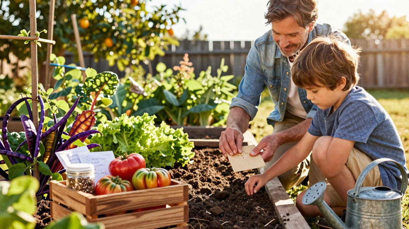 Homem e menino plantando sementes juntos em jardim com hortaliças e regador ao lado.