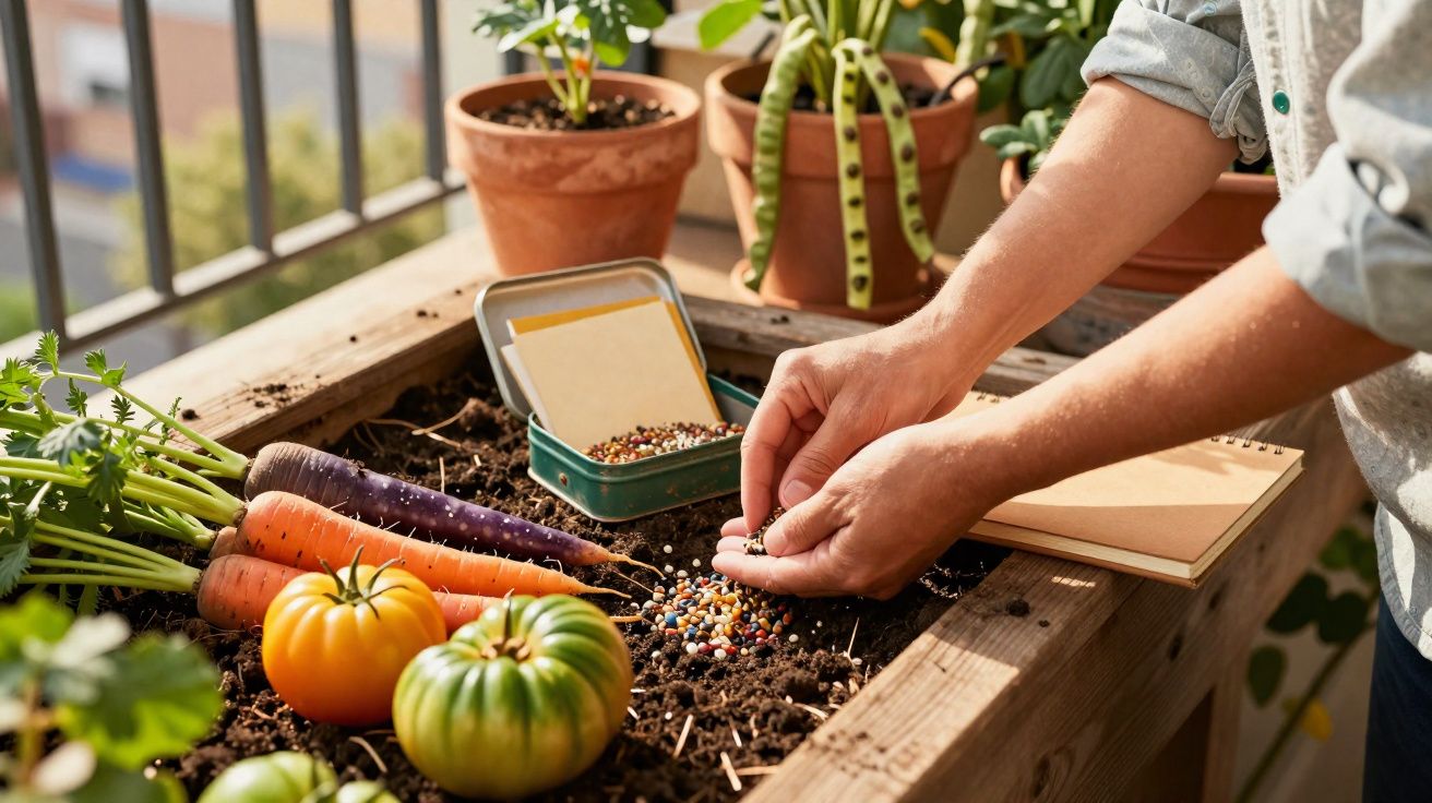 Mãos semeando sementes coloridas em jardim com tomate e cenoura, em floreira de madeira na varanda.