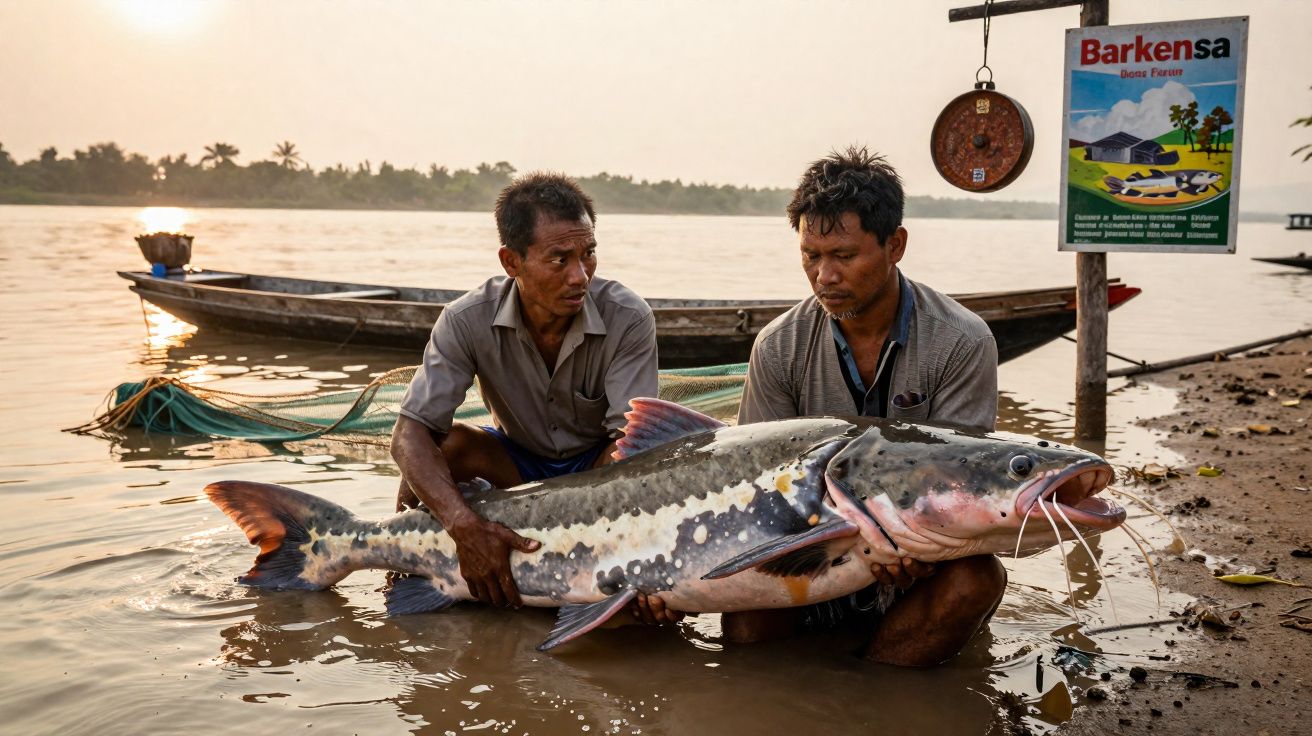 Dois pescadores seguram um grande peixe catfish na beira de um rio ao entardecer.