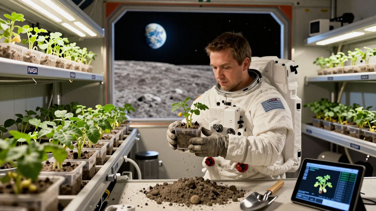 Astronauta cuida de plantas cultivadas em estufa lunar com a Terra ao fundo vista da janela.