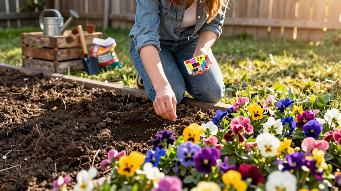 Pessoa plantando sementes em jardim com flores coloridas ao sol da tarde