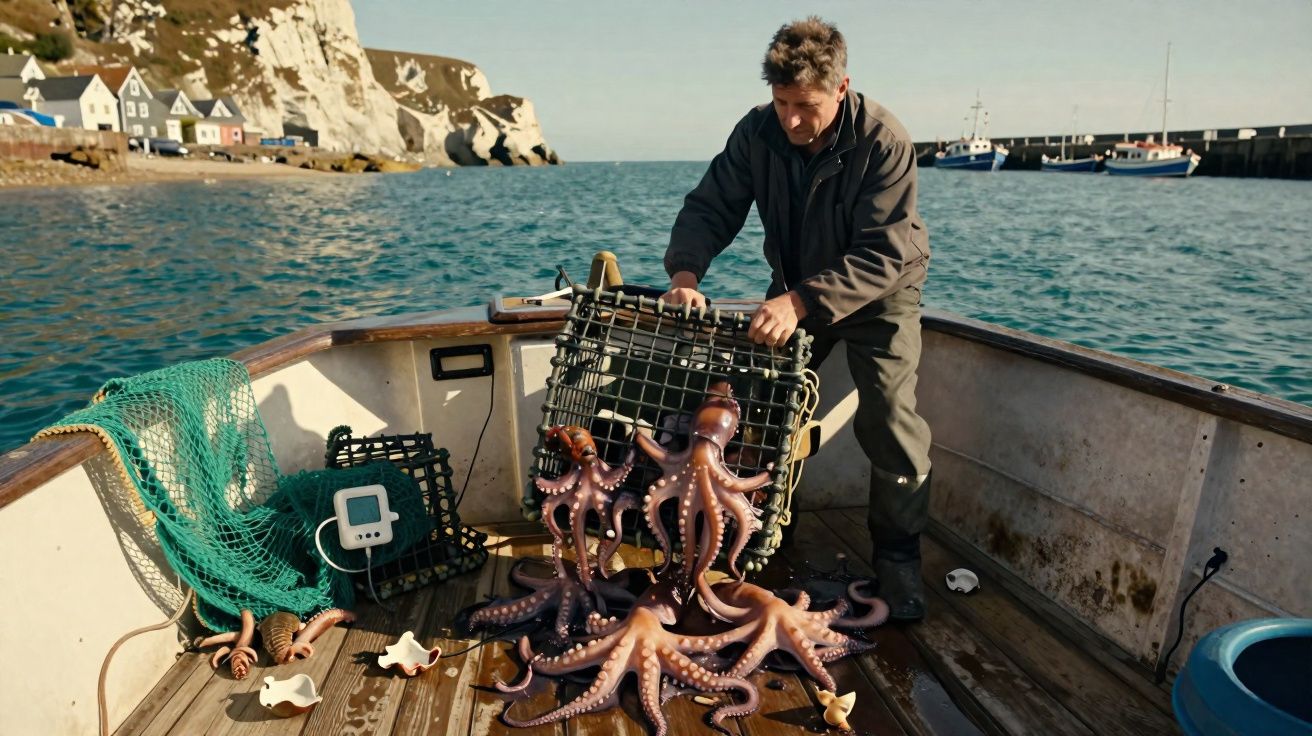 Pescador retira polvos de armadilha em barco próximo a costão rochoso e embarcações no mar.