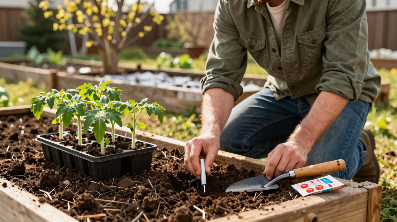 Pessoa plantando sementes em canteiro de madeira com mudas de tomate ao lado em jardim ensolarado.