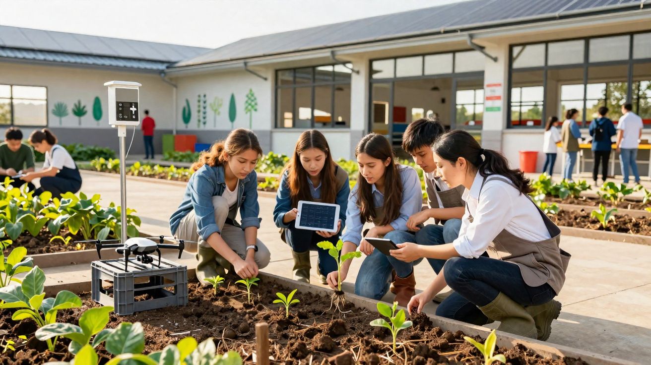 Grupo de estudantes em área externa estudando plantas em canteiros com tablets e equipamentos tecnológicos.