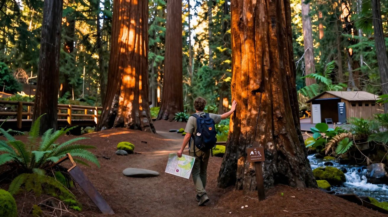 Pessoa com mochila e mapa caminhando em trilha entre árvores grandes e vegetação em floresta iluminada pelo sol.