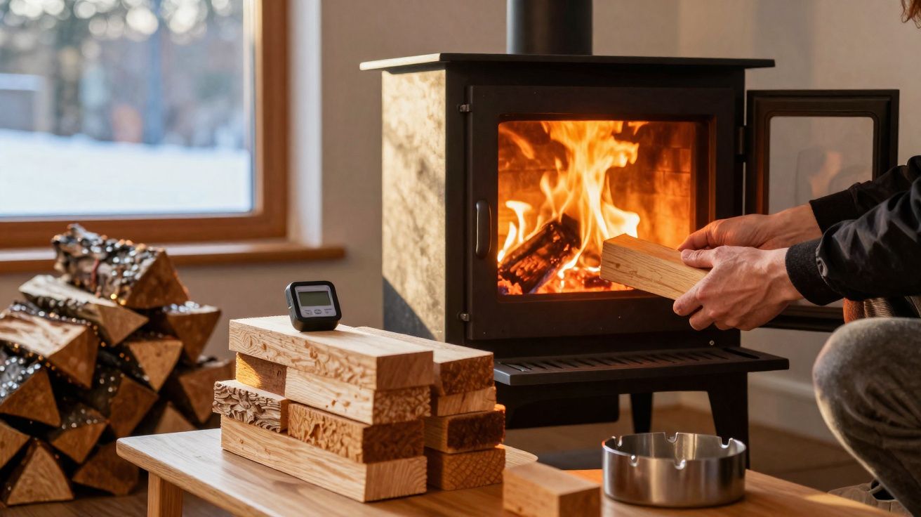 Lenha sendo colocada em lareira a gás com fogo aceso em sala aconchegante.