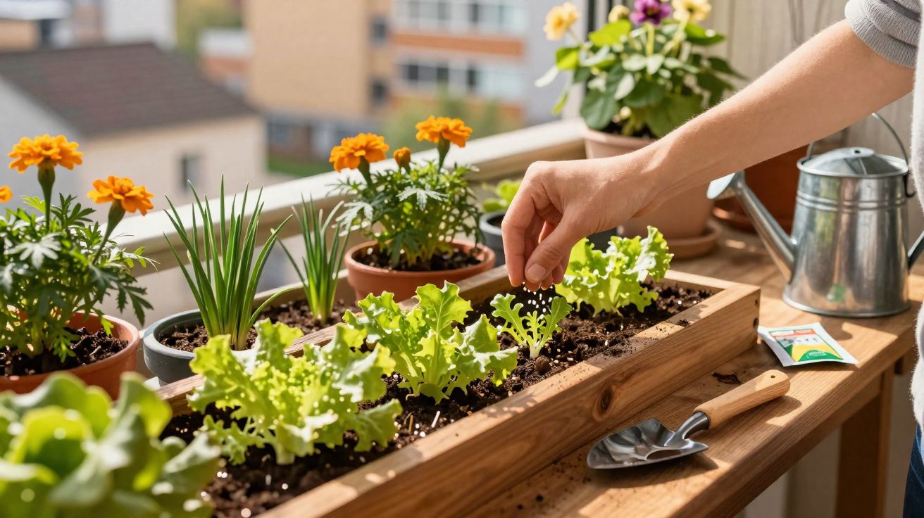 Adulto plantando alface em pequena horta caseira na varanda com flores e regador ao fundo.